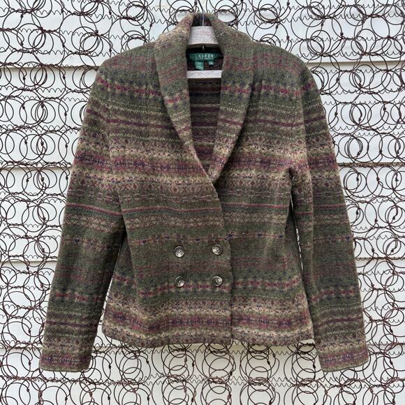 Vintage Lauren Ralph Lauren Lambswool Olive Green Fair isle Cardigan Sweater MED - Picture 1 of 8